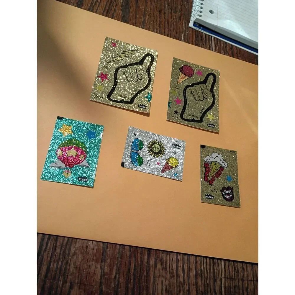 Lot of 5 Fleer Glitter Sticker Sheets Vintage 1980s Card Size and Smaller